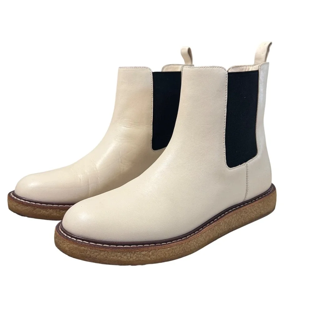 J Crew Leather Crepe Sole Pull On Chelsea Boots Cream‎ Ivory Size 9